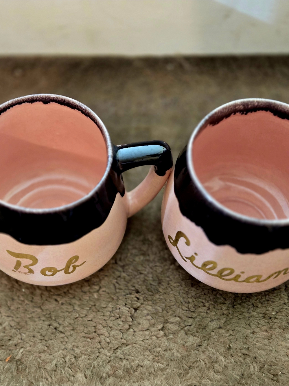 Source Unknown Pink Ceramic Mug with Black Rim and Gold Name